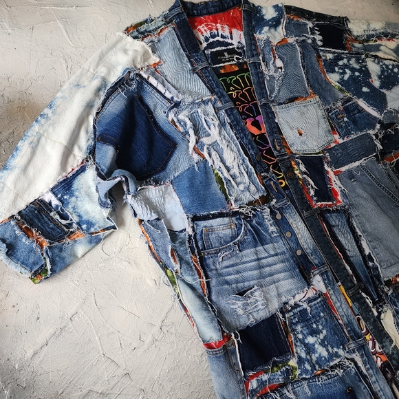 Bohemian Kimono Upcycled Vintage Denim Concept Tattoo Marilyn Monroe Patchwork - Picture 9 of 16